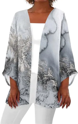 Long Sleeve Kimono for Womens Retro Print Casual Duster Blouse Tops Coat 3/4 Sleeve Jackets Lightweight Cardigans