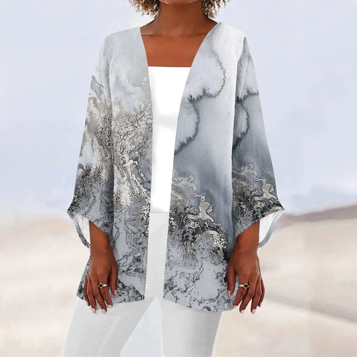 Long Sleeve Kimono for Womens Retro Print Casual Duster Blouse Tops Coat 3/4 Sleeve Jackets Lightweight Cardigans