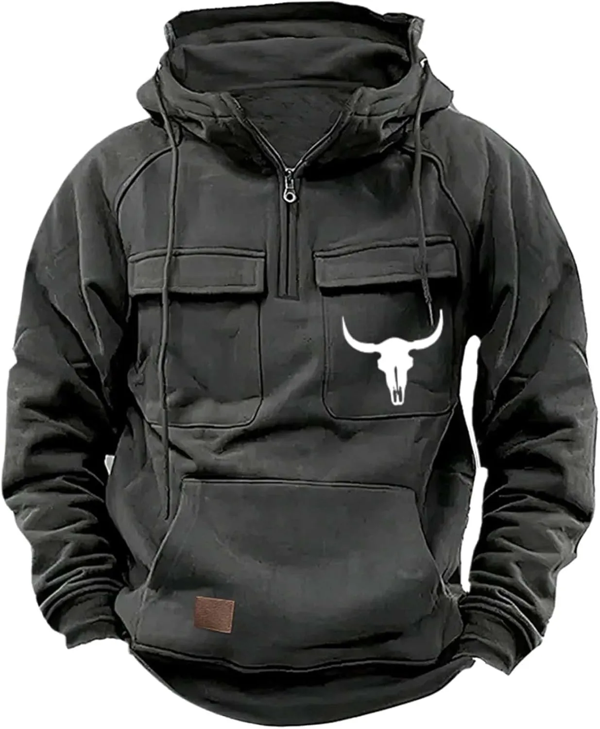 Men Half Zip Hoodies Plus Size Retro Long Sleeve Multiple Pockets Tactical Sweatshirt Casual Gym Athletic Pullover