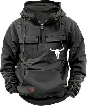 Men Half Zip Hoodies Plus Size Retro Long Sleeve Multiple Pockets Tactical Sweatshirt Casual Gym Athletic Pullover