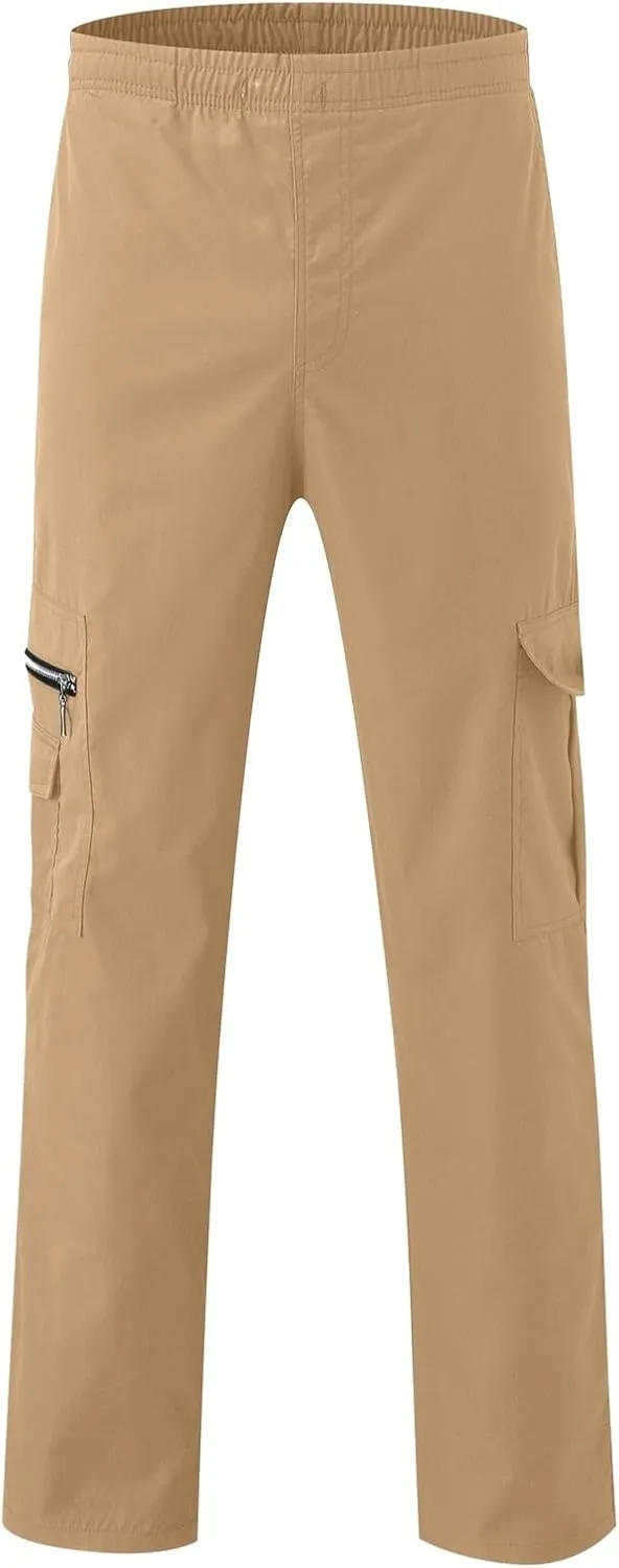 Mens Casual Cargo Pants Cotton Twill Chino Pants Stretch Elastic Waist Drawstring Workout Hiking Pants with Pockets