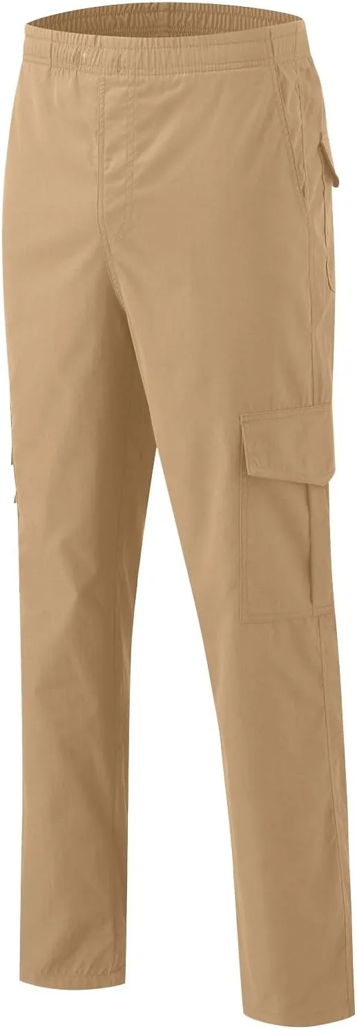 Mens Casual Cargo Pants Cotton Twill Chino Pants Stretch Elastic Waist Drawstring Workout Hiking Pants with Pockets