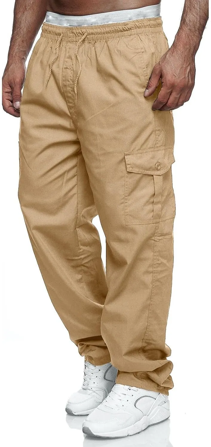 Mens Casual Cargo Pants Cotton Twill Chino Pants Stretch Elastic Waist Drawstring Workout Hiking Pants with Pockets