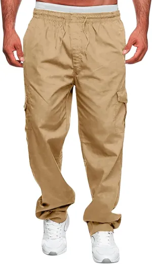 Mens Casual Cargo Pants Cotton Twill Chino Pants Stretch Elastic Waist Drawstring Workout Hiking Pants with Pockets