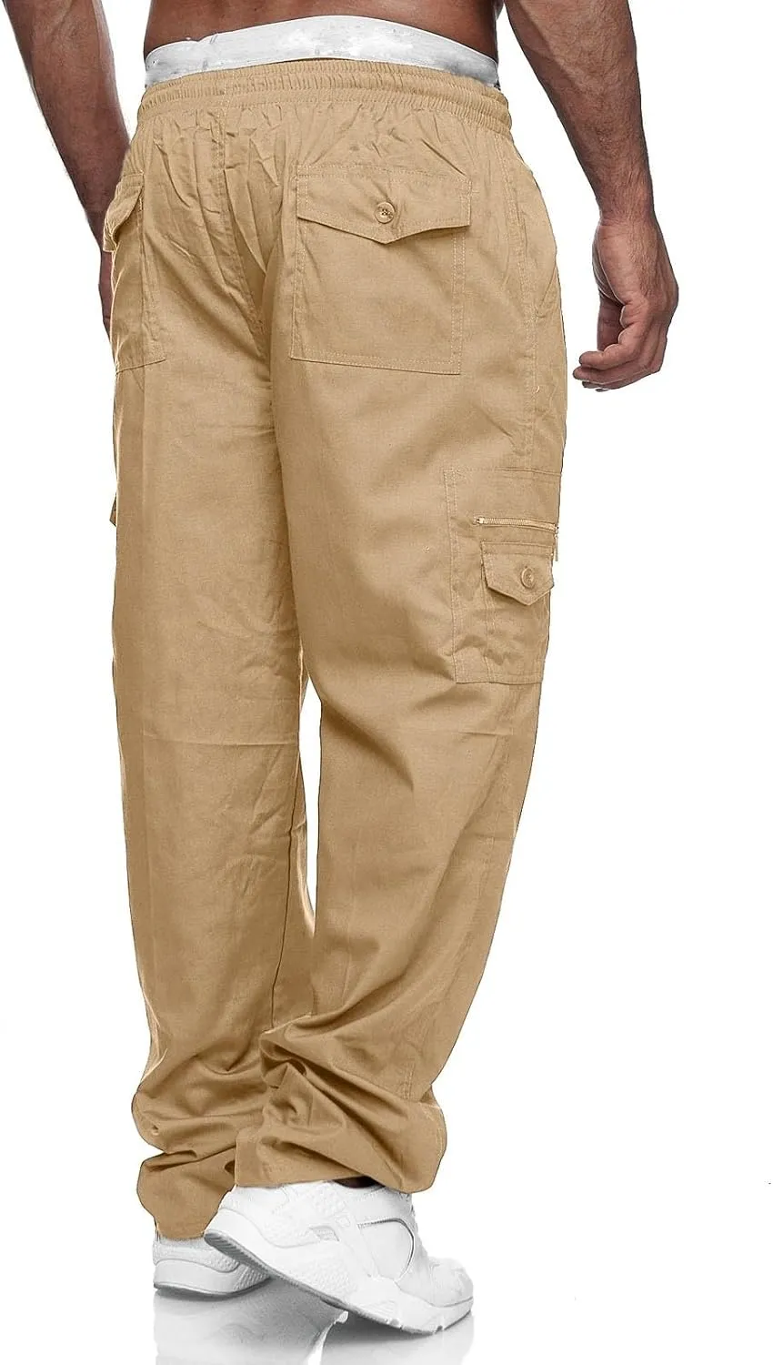 Mens Casual Cargo Pants Cotton Twill Chino Pants Stretch Elastic Waist Drawstring Workout Hiking Pants with Pockets