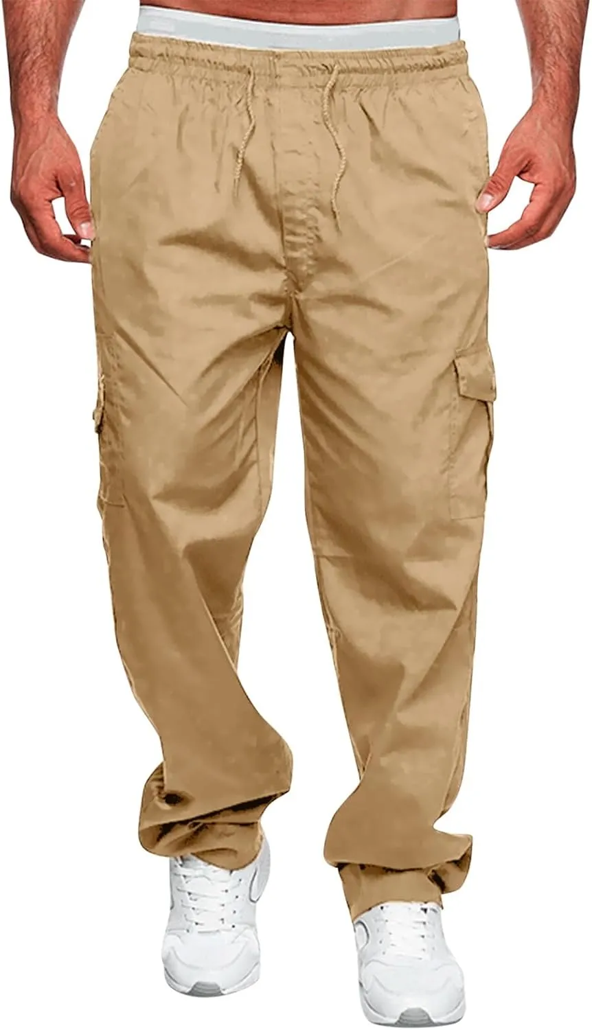 Mens Casual Cargo Pants Cotton Twill Chino Pants Stretch Elastic Waist Drawstring Workout Hiking Pants with Pockets