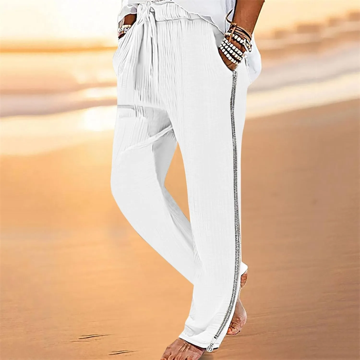 Mens Casual Soft Linen Pants Elastic Waist Drawstring Beach Spring Summer Pants Lightweight Linen Trousers Yoga Pants