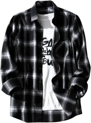 Mens Flannel Plaid Shirts Long Sleeve Casual Button Down Shirt Relaxed Fit Lightweight Pockets Gingham Shirt for Work