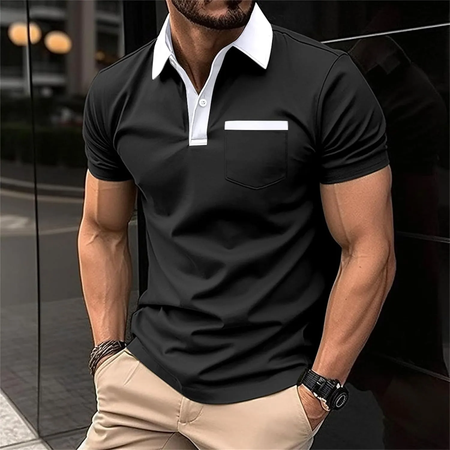 Mens Lightweight Golf Shirts with Pocket Button Down Short Sleeve Summer Casual Polos for Men Slim Fit Stretch Lapel Shirts