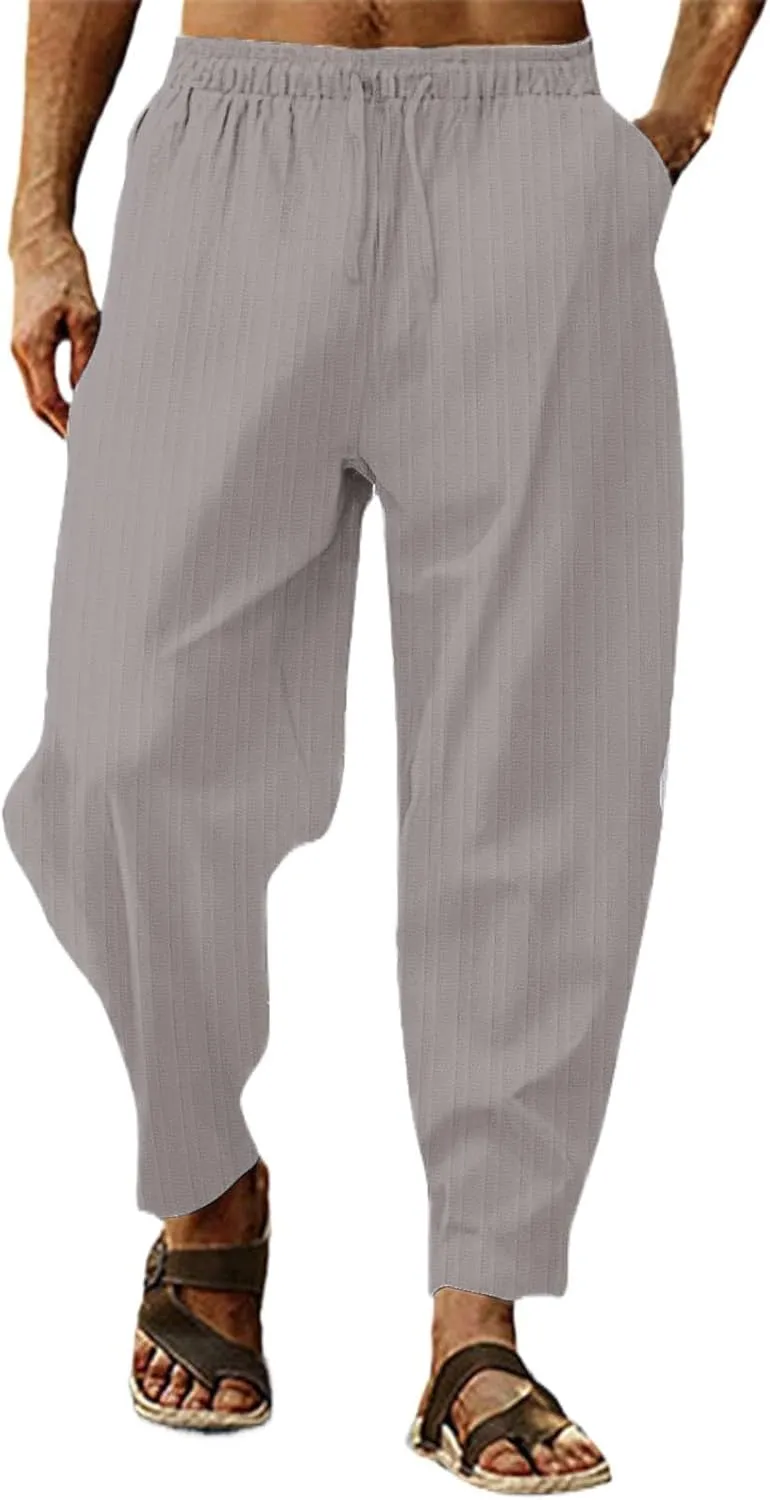 Mens Linen Cotton Yoga Casual Pants Summer Drawstring Elastic Waist Beach Trousers Loose Lounge Jogger Sweatpants