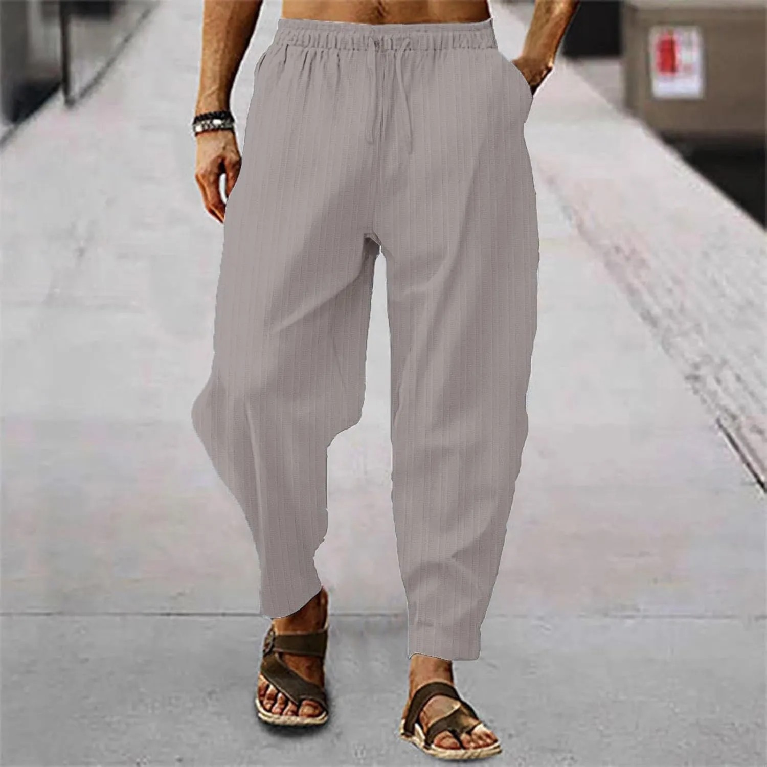 Mens Linen Cotton Yoga Casual Pants Summer Drawstring Elastic Waist Beach Trousers Loose Lounge Jogger Sweatpants