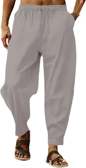 Mens Linen Cotton Yoga Casual Pants Summer Drawstring Elastic Waist Beach Trousers Loose Lounge Jogger Sweatpants