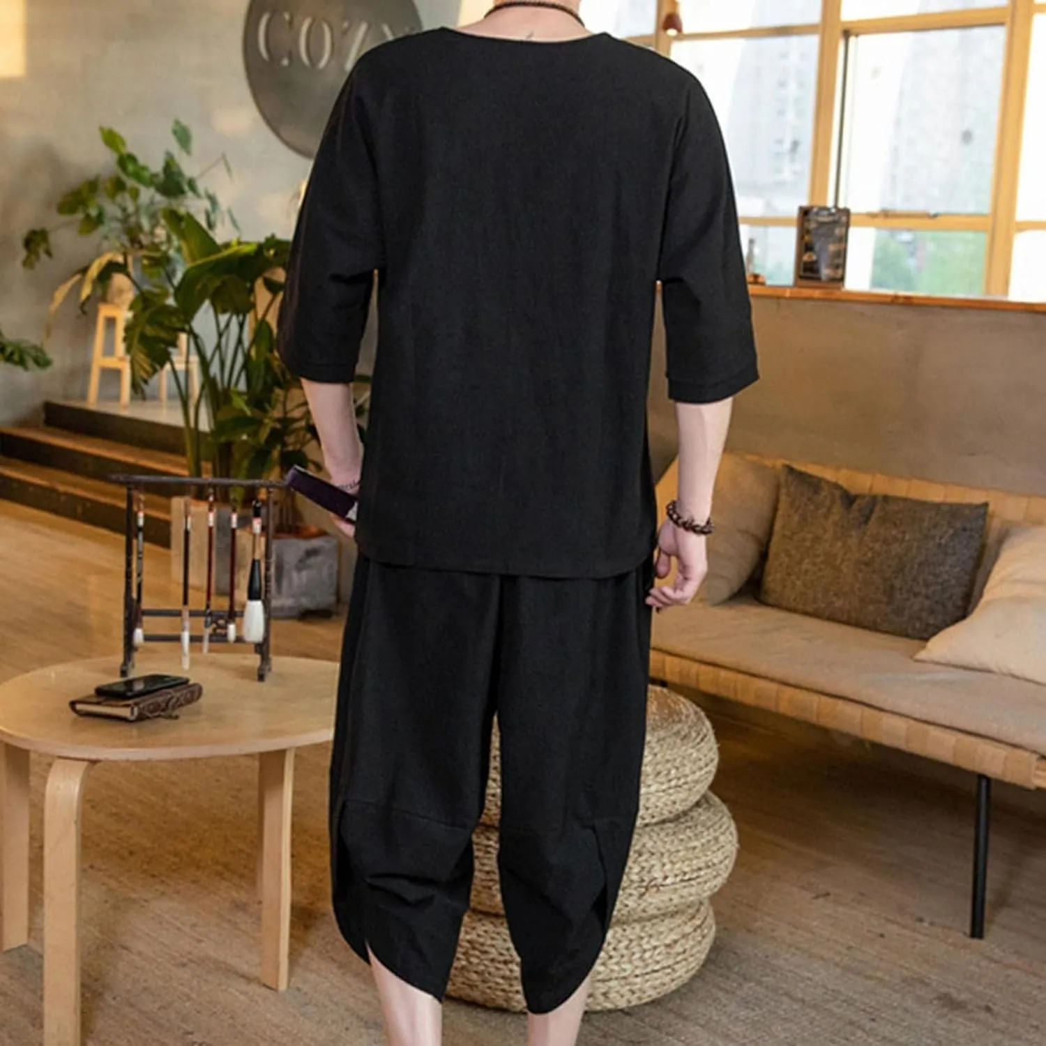 Men's Shirt and Short Sets Cotton Linen Summer Stylish 3/4 Sleeves T Shirts Capri Harem Pants Comfy Lounge Set
