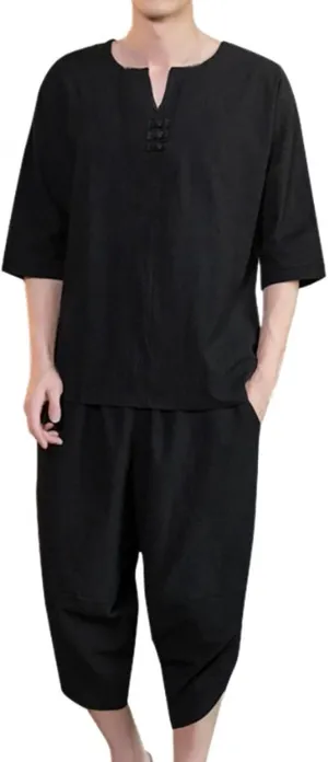 Men's Shirt and Short Sets Cotton Linen Summer Stylish 3/4 Sleeves T Shirts Capri Harem Pants Comfy Lounge Set
