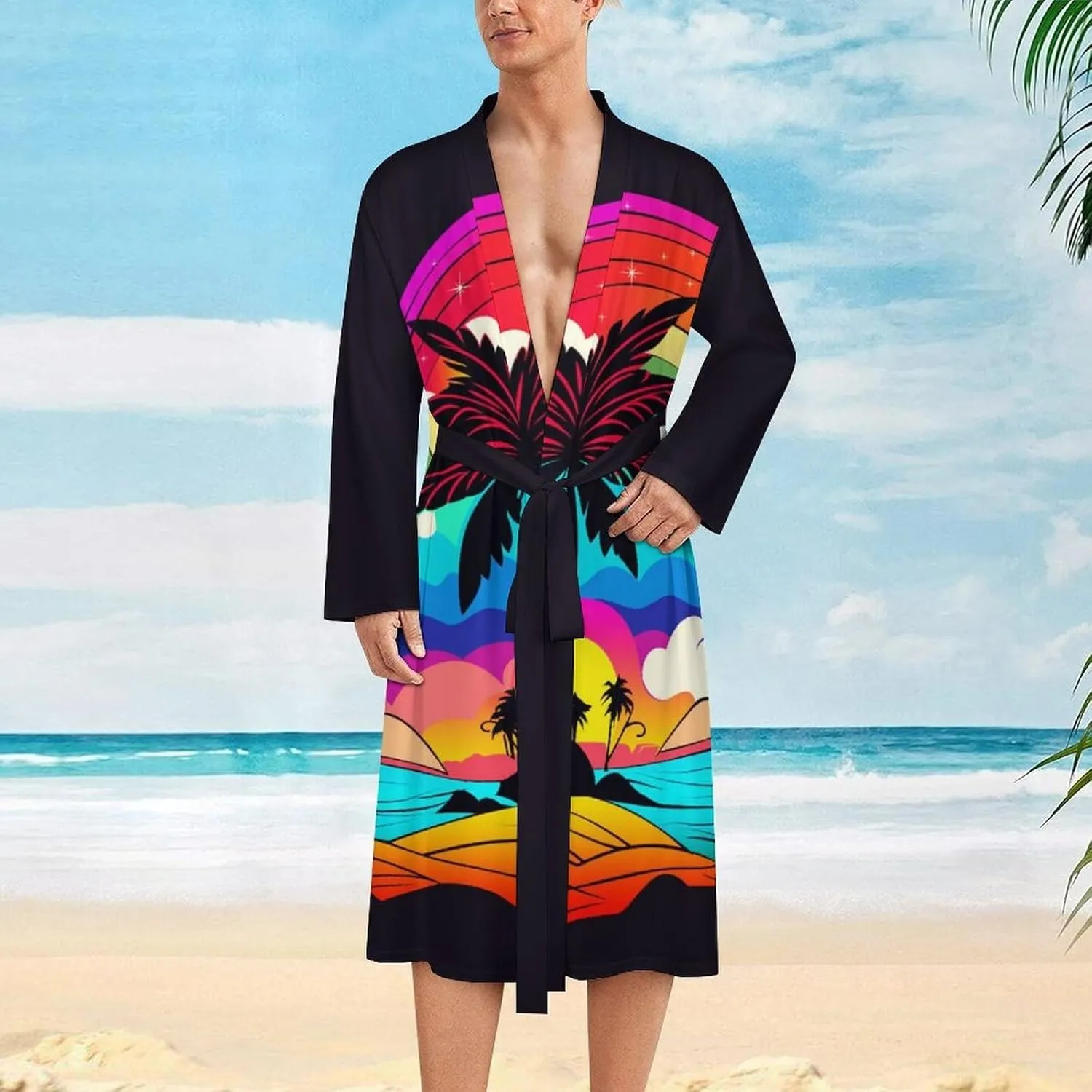 Men's Tropical Beach Sunset Bath Robes Soft Knit Bathrobe For Women Belted Spa Robe Self Tie Waist Mid-Length Pajamas