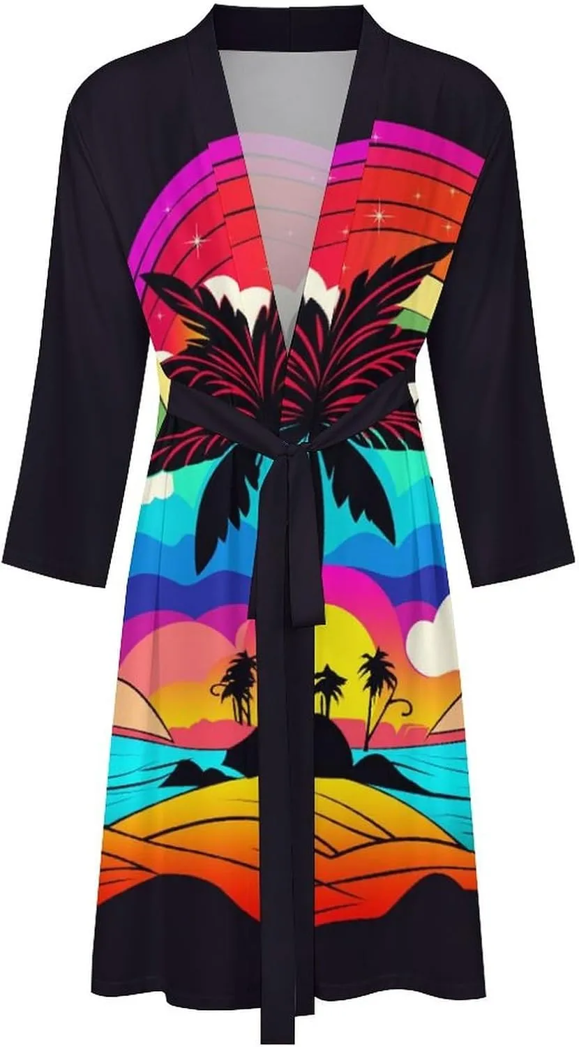 Men's Tropical Beach Sunset Bath Robes Soft Knit Bathrobe For Women Belted Spa Robe Self Tie Waist Mid-Length Pajamas