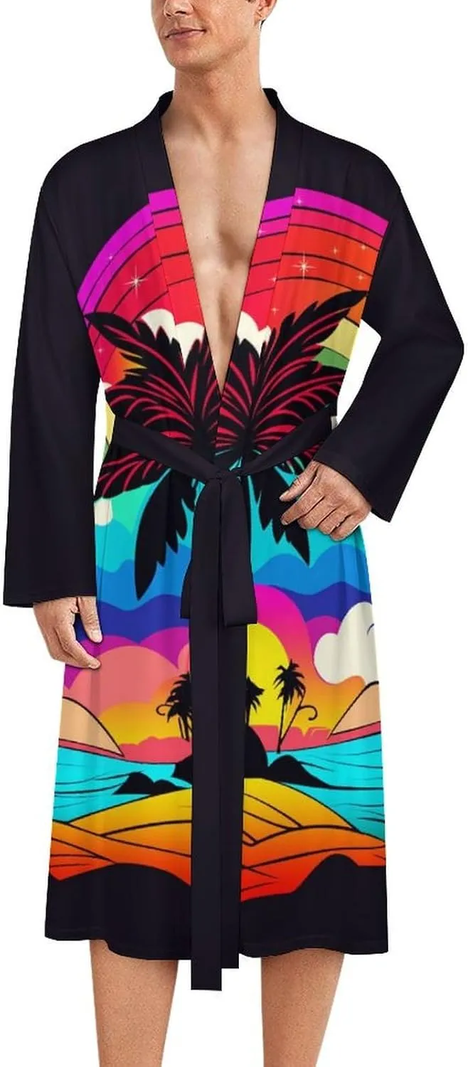 Men's Tropical Beach Sunset Bath Robes Soft Knit Bathrobe For Women Belted Spa Robe Self Tie Waist Mid-Length Pajamas