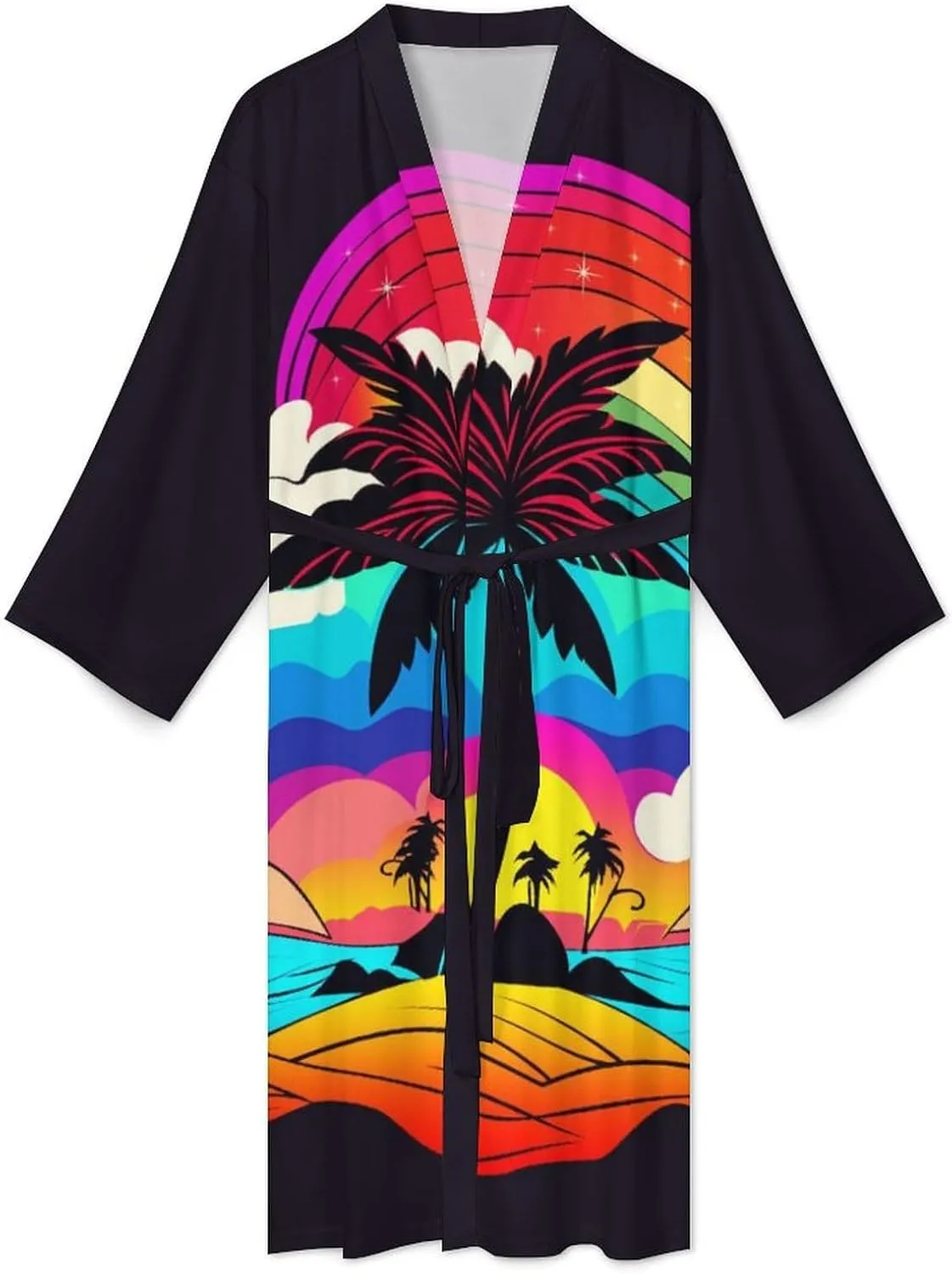 Men's Tropical Beach Sunset Bath Robes Soft Knit Bathrobe For Women Belted Spa Robe Self Tie Waist Mid-Length Pajamas