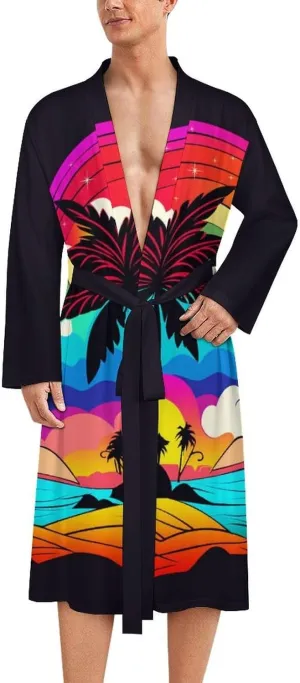 Men's Tropical Beach Sunset Bath Robes Soft Knit Bathrobe For Women Belted Spa Robe Self Tie Waist Mid-Length Pajamas