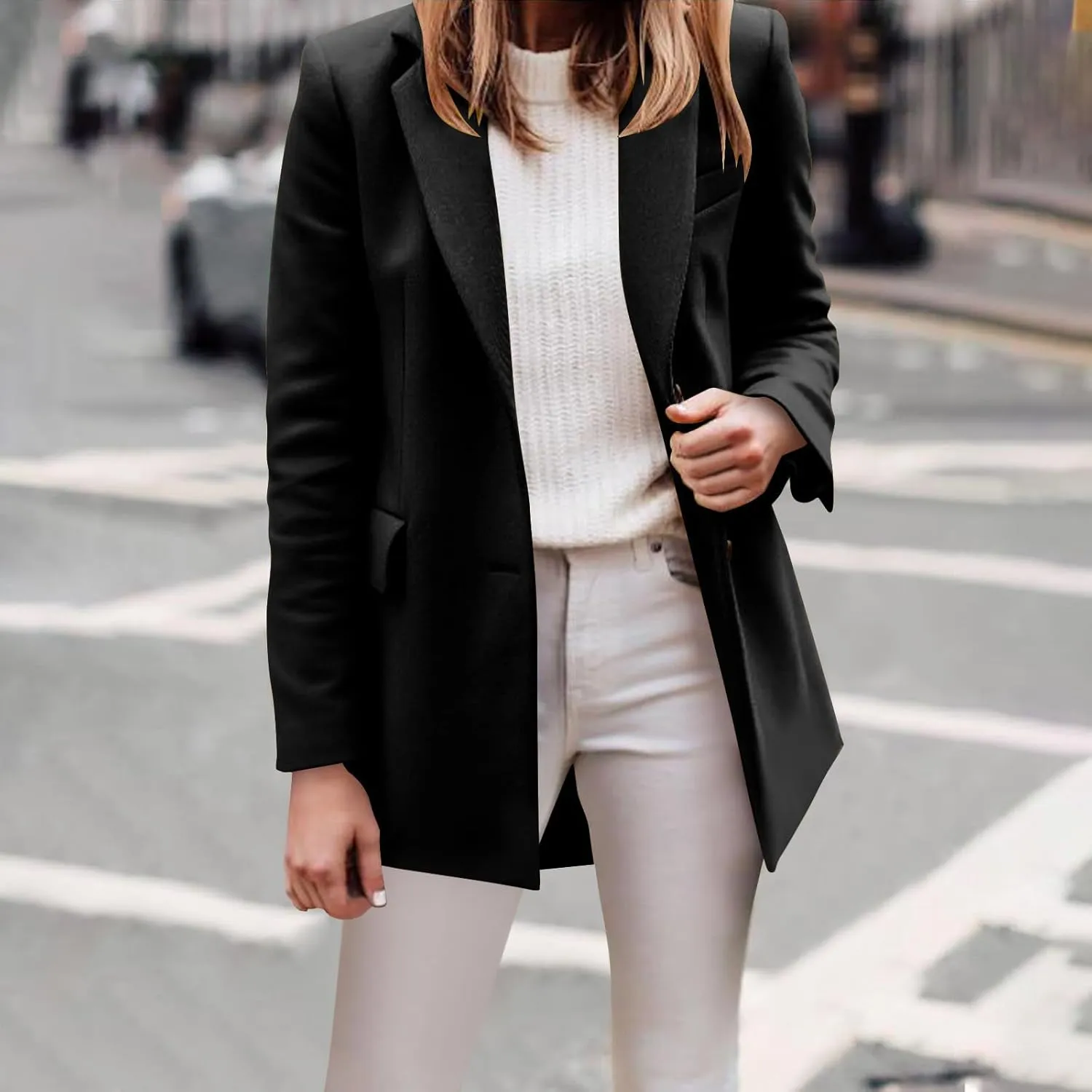 Mid Long Pea Coats for Women Winter Notch Lapel Single Breasted Coats Wool Blend Peacoat Thicken Soft Blazer Jacket