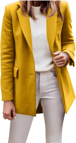 Mid Long Pea Coats for Women Winter Notch Lapel Single Breasted Coats Wool Blend Peacoat Thicken Soft Blazer Jacket
