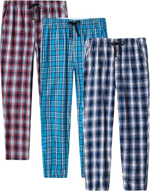 MoFiz Mens Pajama Bottoms Cotton 3 Pack Lounge Pants Set with Pockets Drawstring Plaid Pjs Bottoms Sleepwear with Button Fly