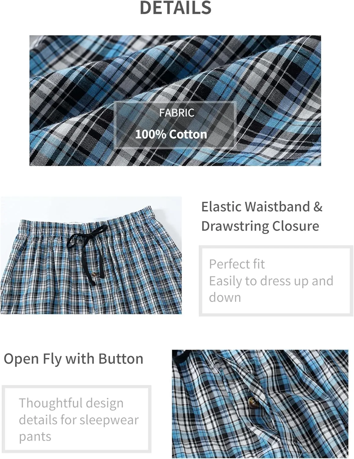 MoFiz Mens Pajama Bottoms Cotton 3 Pack Lounge Pants Set with Pockets Drawstring Plaid Pjs Bottoms Sleepwear with Button Fly