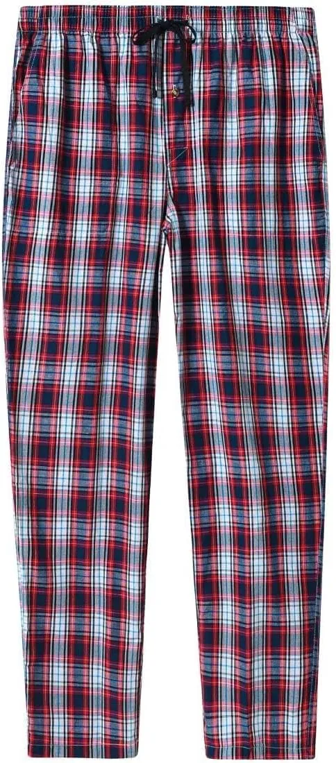 MoFiz Mens Pajama Bottoms Cotton 3 Pack Lounge Pants Set with Pockets Drawstring Plaid Pjs Bottoms Sleepwear with Button Fly