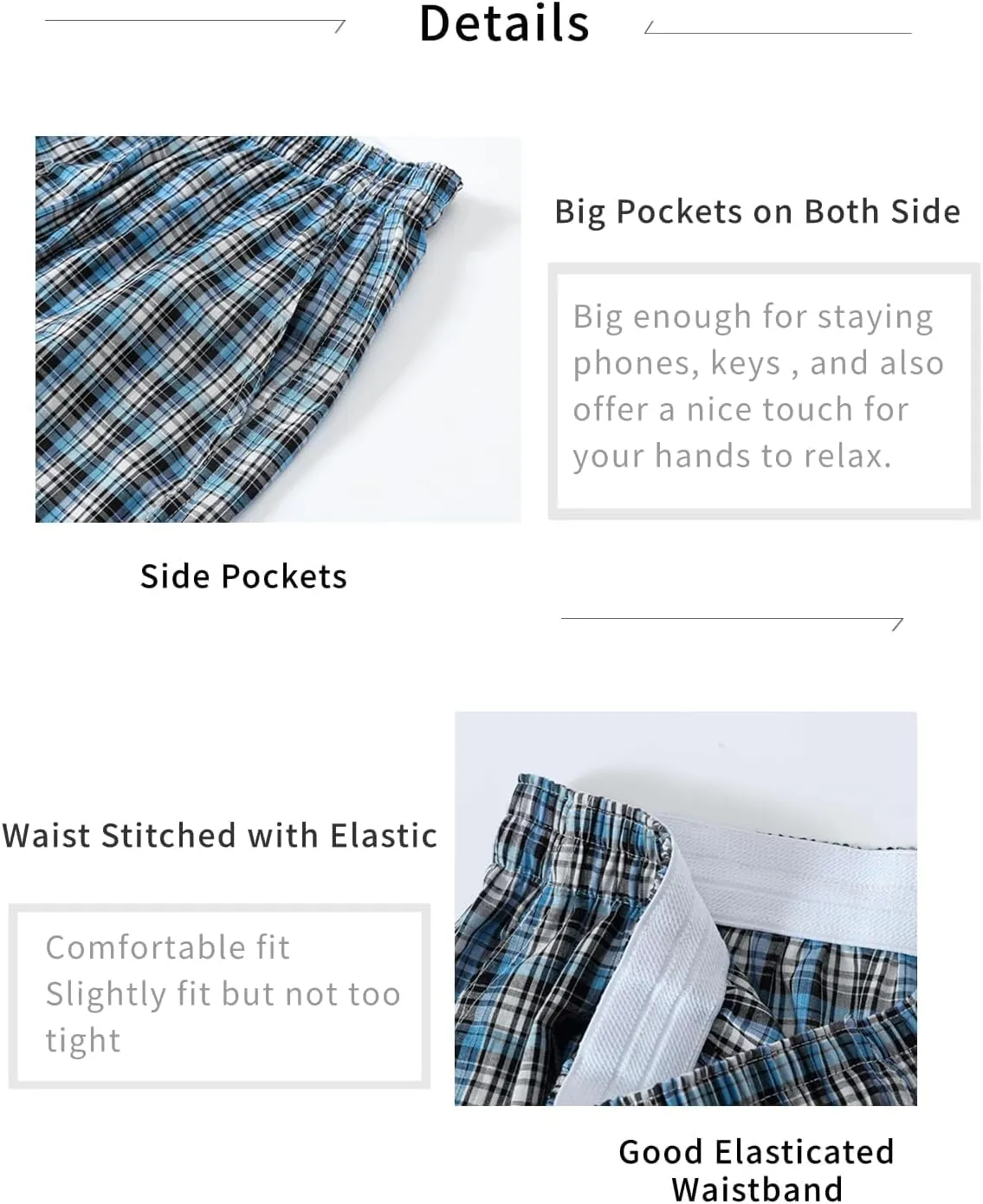 MoFiz Mens Pajama Bottoms Cotton 3 Pack Lounge Pants Set with Pockets Drawstring Plaid Pjs Bottoms Sleepwear with Button Fly
