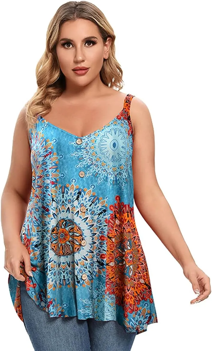 MONNURO Plus Size Camisole V Neck Button Cami Tank Tops Women's Sleeveless T-Shirt Tunics