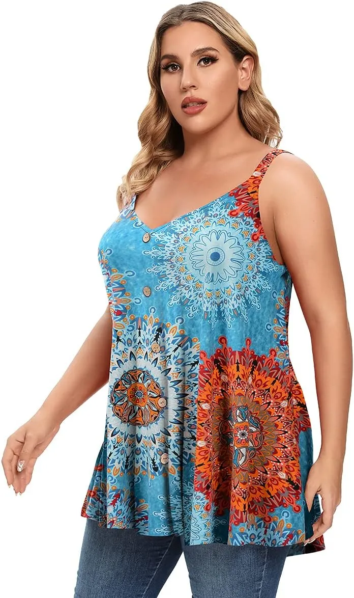 MONNURO Plus Size Camisole V Neck Button Cami Tank Tops Women's Sleeveless T-Shirt Tunics