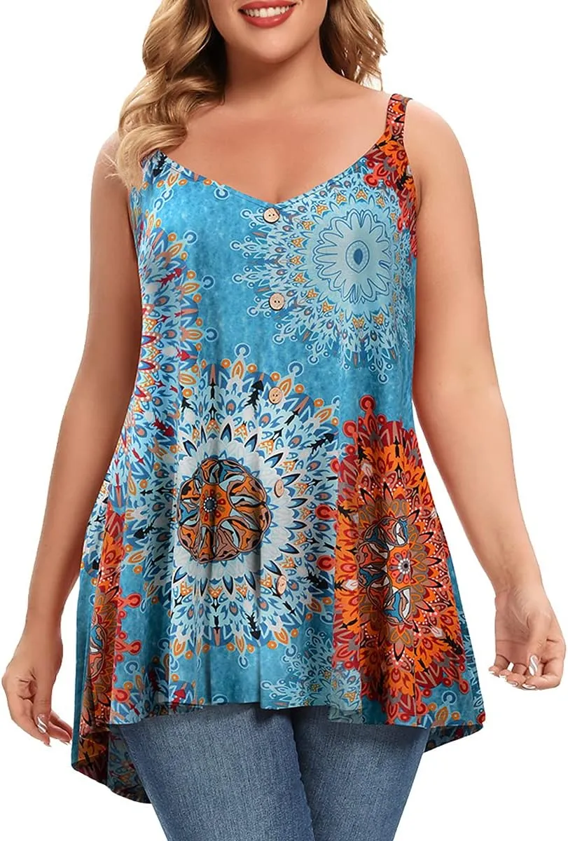 MONNURO Plus Size Camisole V Neck Button Cami Tank Tops Women's Sleeveless T-Shirt Tunics