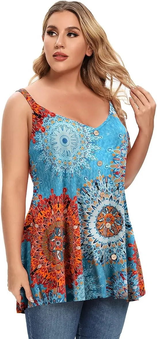 MONNURO Plus Size Camisole V Neck Button Cami Tank Tops Women's Sleeveless T-Shirt Tunics