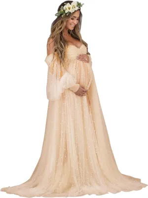 Pearl Tulle Maternity Dress for Photoshoot Long Puffy Sleeve Off Shoulder Babyshower Bridal Pregnancy Gowns