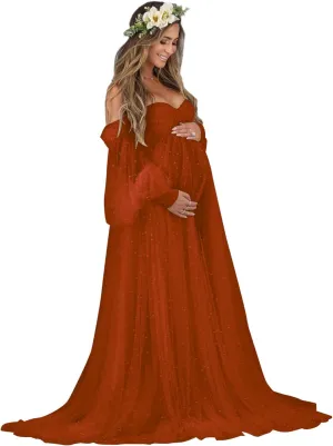 Pearl Tulle Maternity Dress for Photoshoot Long Puffy Sleeve Off Shoulder Babyshower Bridal Pregnancy Gowns