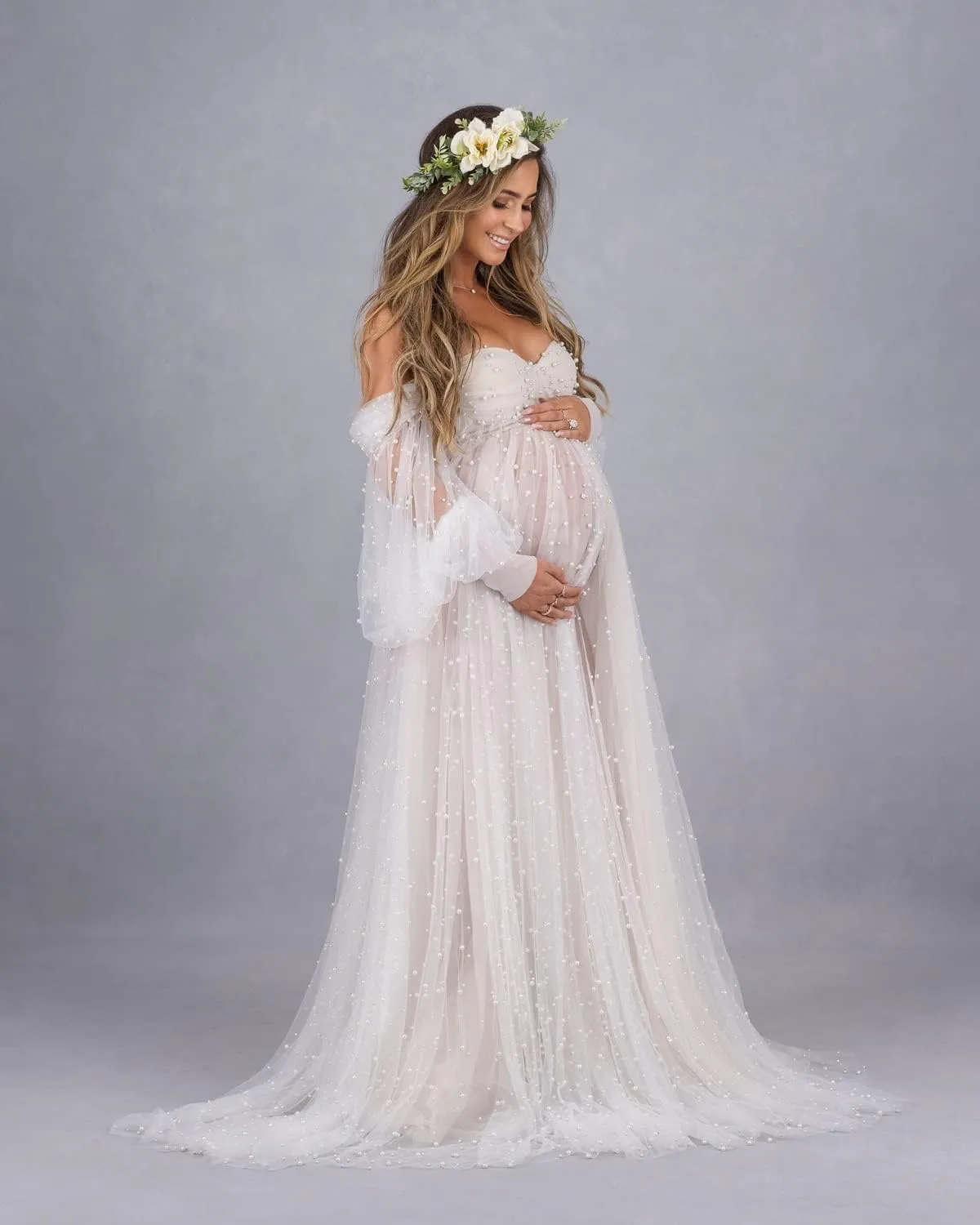 Pearl Tulle Maternity Dress for Photoshoot Long Puffy Sleeve Off Shoulder Babyshower Bridal Pregnancy Gowns