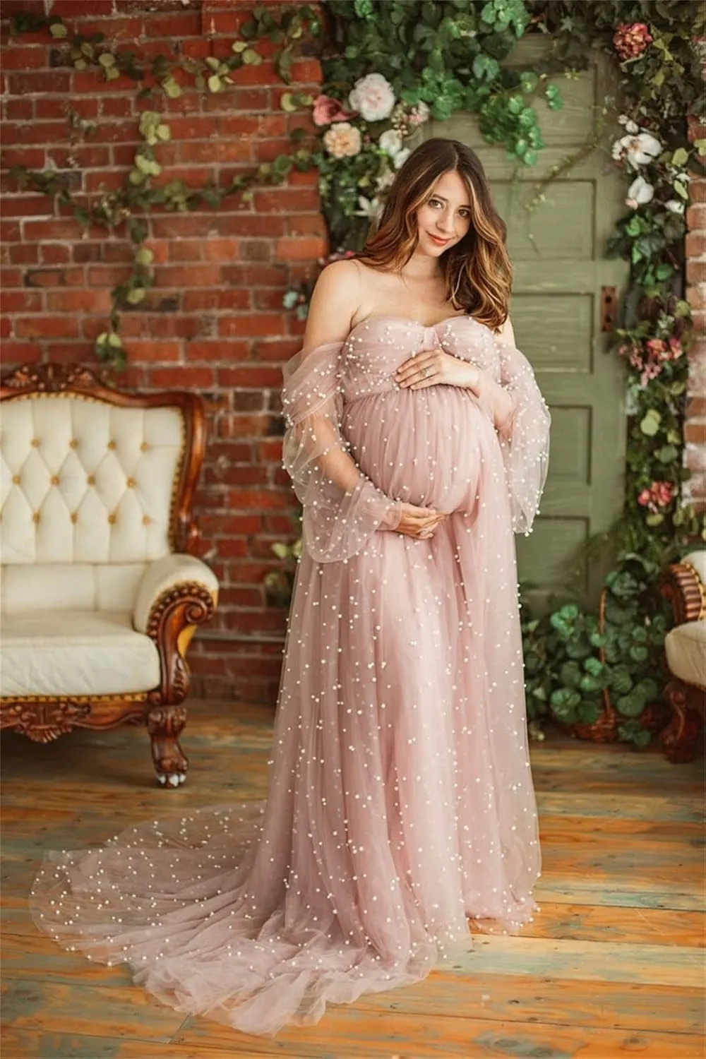 Pearl Tulle Maternity Dress for Photoshoot Long Puffy Sleeve Off Shoulder Babyshower Bridal Pregnancy Gowns