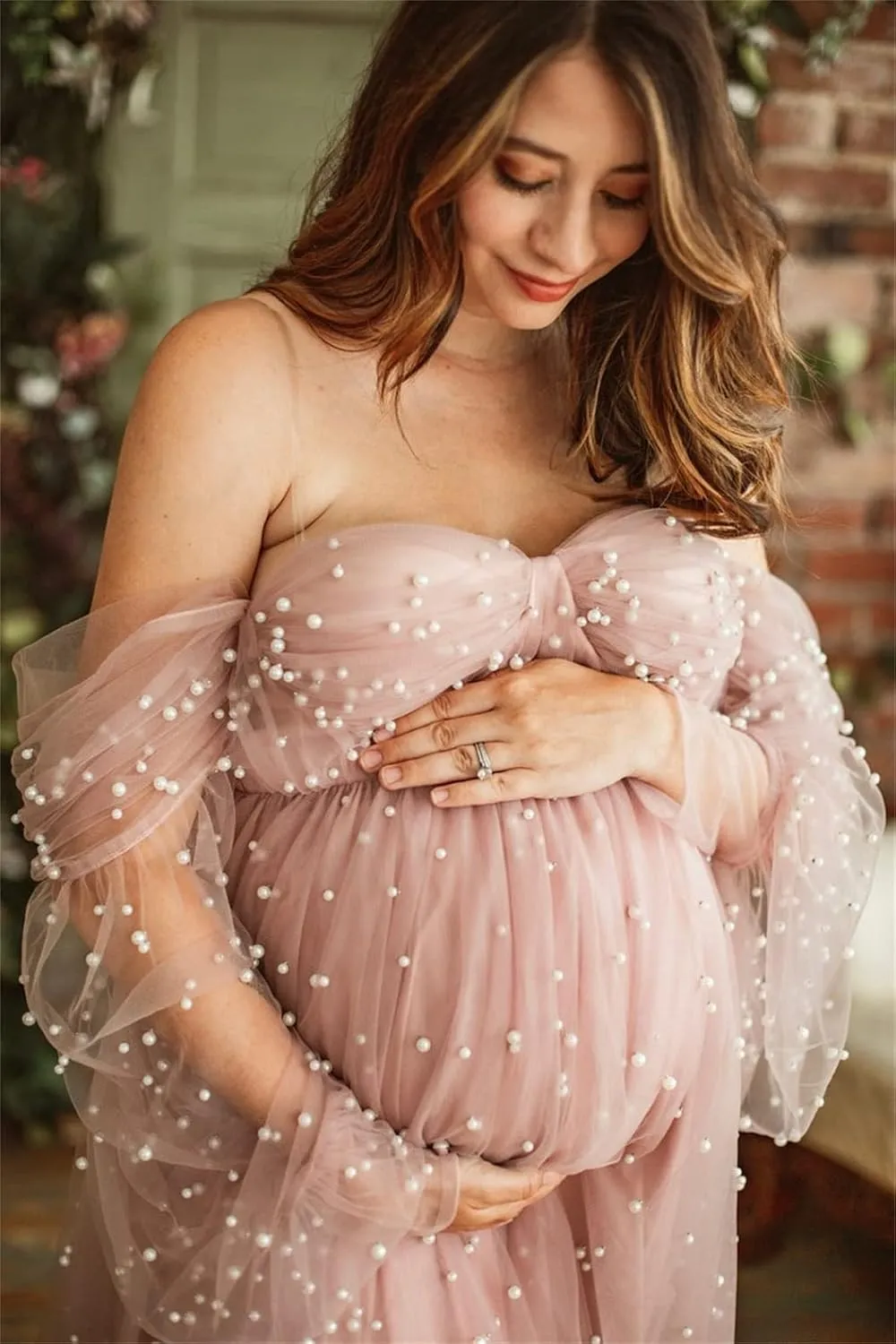 Pearl Tulle Maternity Dress for Photoshoot Long Puffy Sleeve Off Shoulder Babyshower Bridal Pregnancy Gowns