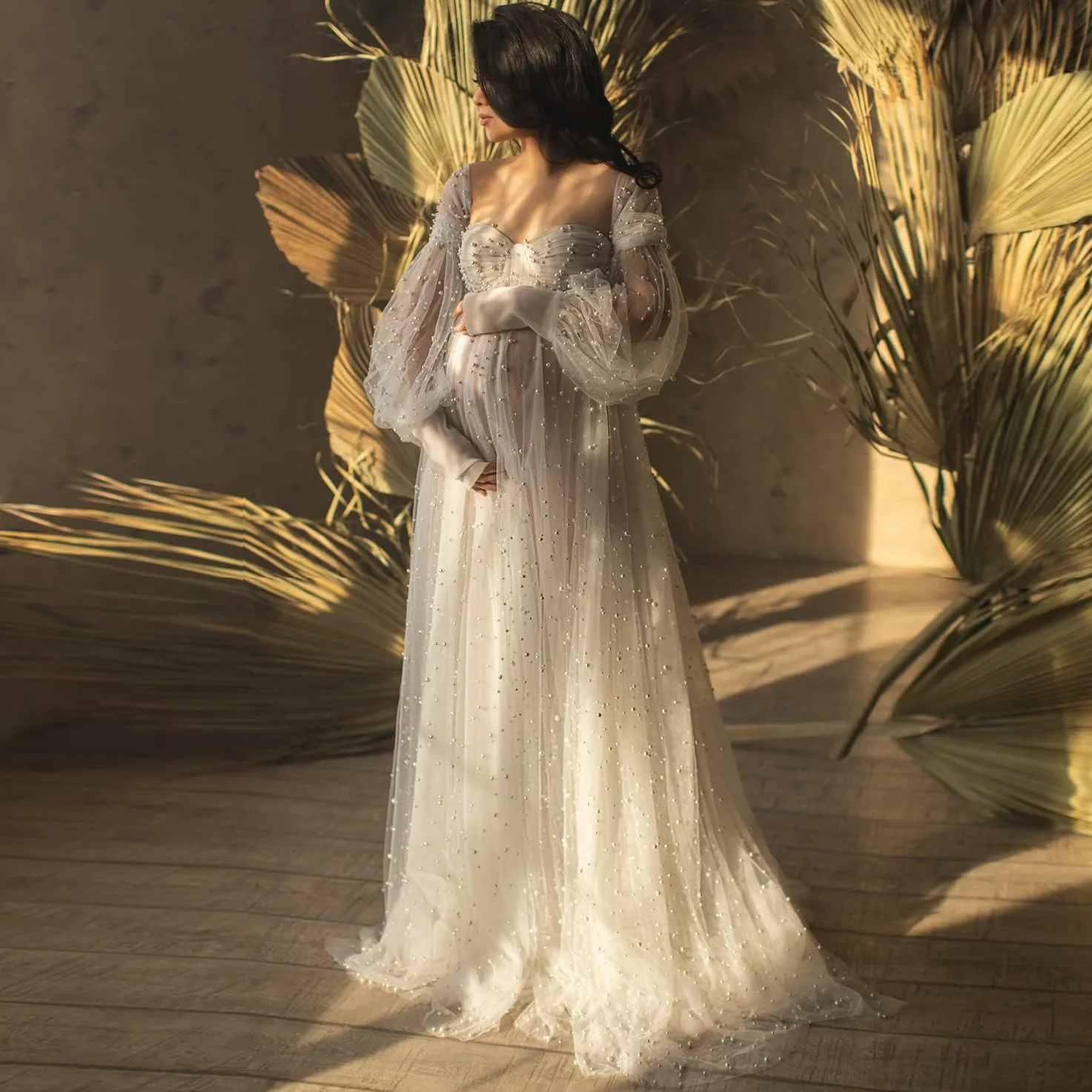Pearl Tulle Maternity Dress for Photoshoot Long Puffy Sleeve Off Shoulder Babyshower Bridal Pregnancy Gowns