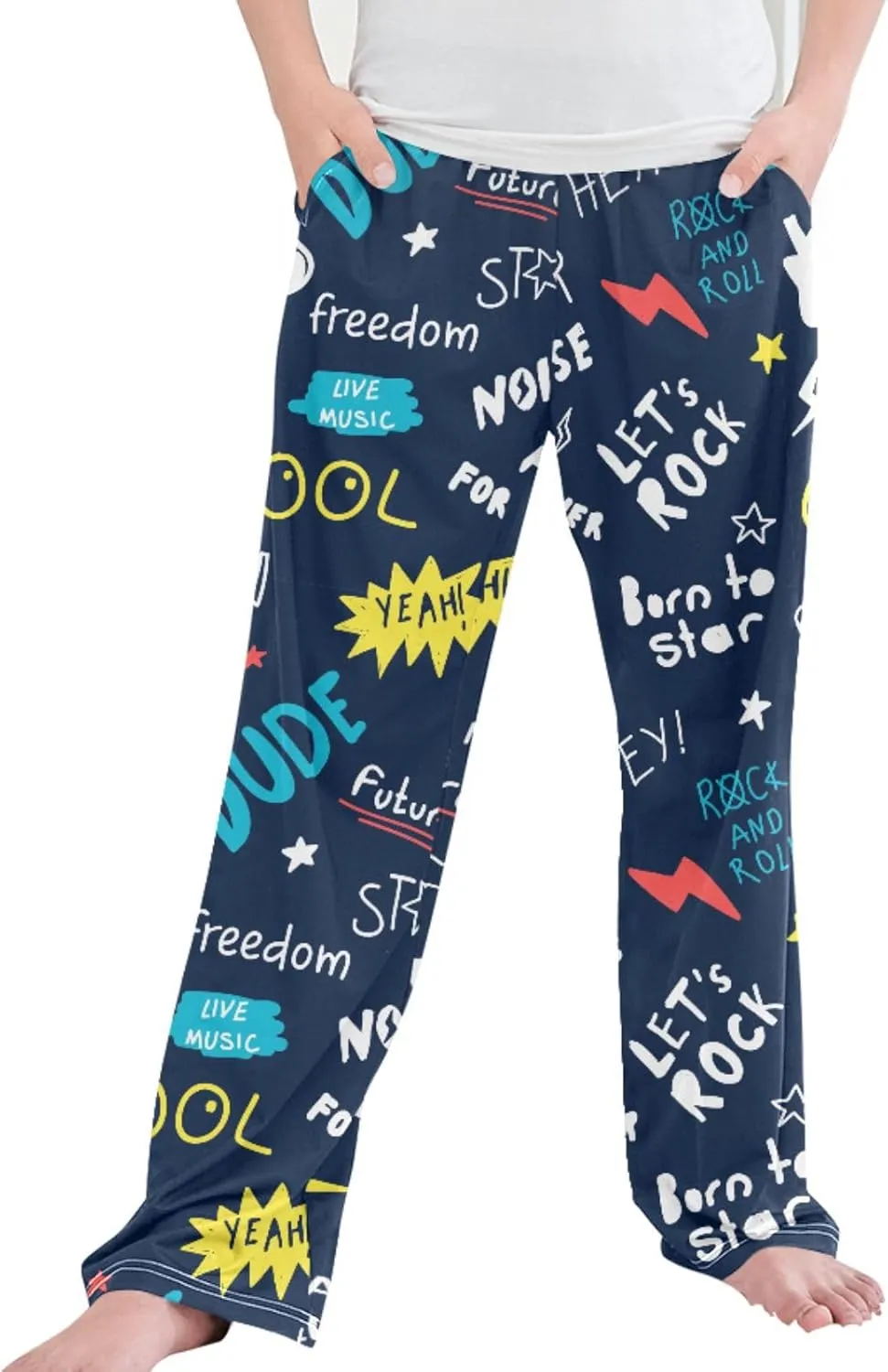 Pigsaly Boys Pajama Bottoms Boys' Pants Colorful Roll Rock Star Long Bottoms Electric Guitar Lighting Jogger Pants S