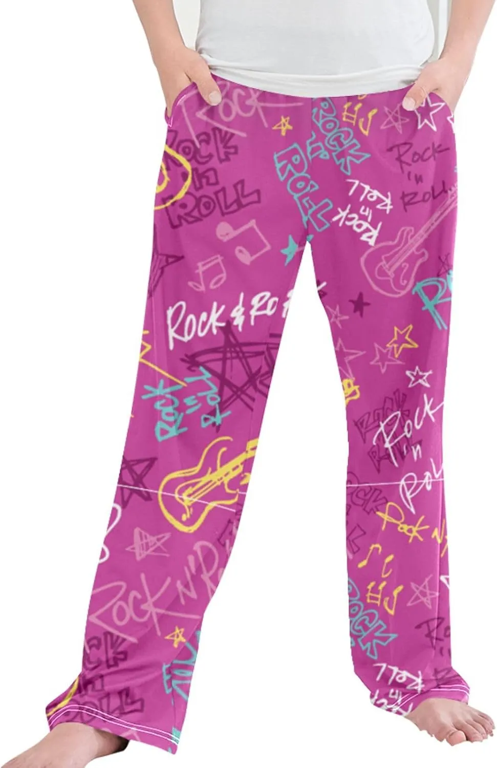 Pigsaly Boys Pajama Bottoms Boys' Pants Pink Girlish Rock Guitar Long Bottoms Vintage Star Jogger Pants S