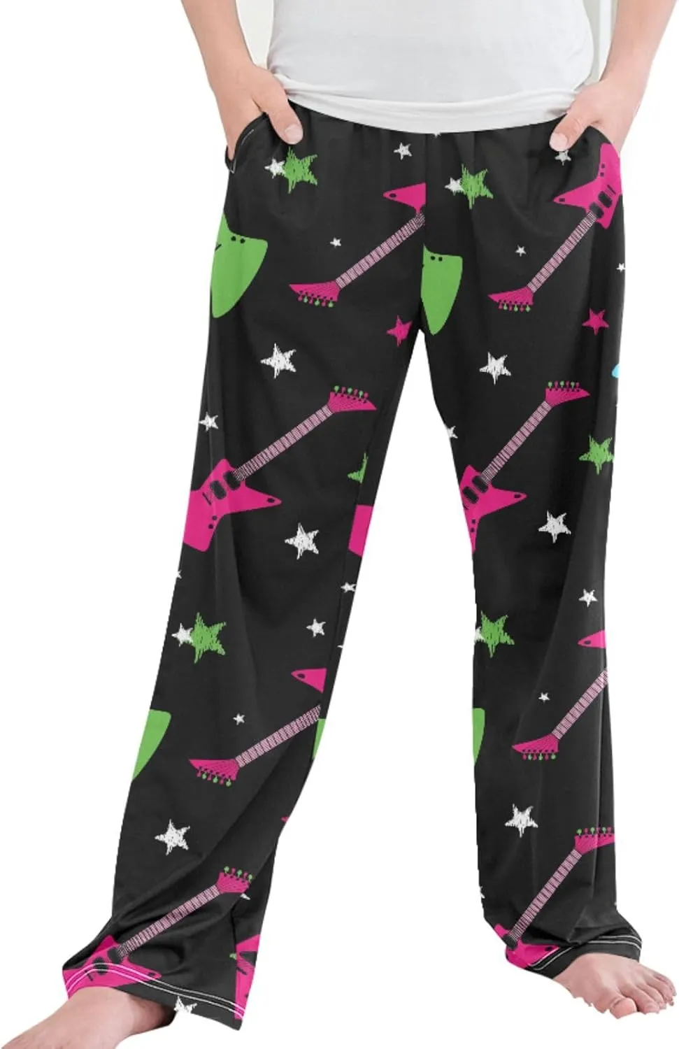 Pigsaly Boys Pajama Bottoms Boys' Pants Stars Neon Rock Guitars Long Bottoms Black Red Electric Guitars Jogger Pants S