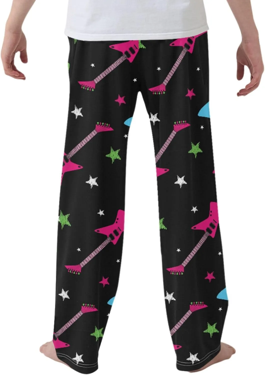 Pigsaly Boys Pajama Bottoms Boys' Pants Stars Neon Rock Guitars Long Bottoms Black Red Electric Guitars Jogger Pants S