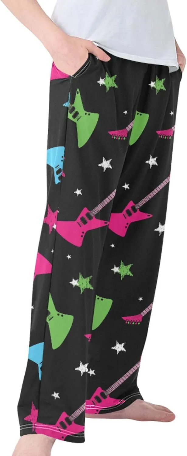 Pigsaly Boys Pajama Bottoms Boys' Pants Stars Neon Rock Guitars Long Bottoms Black Red Electric Guitars Jogger Pants S
