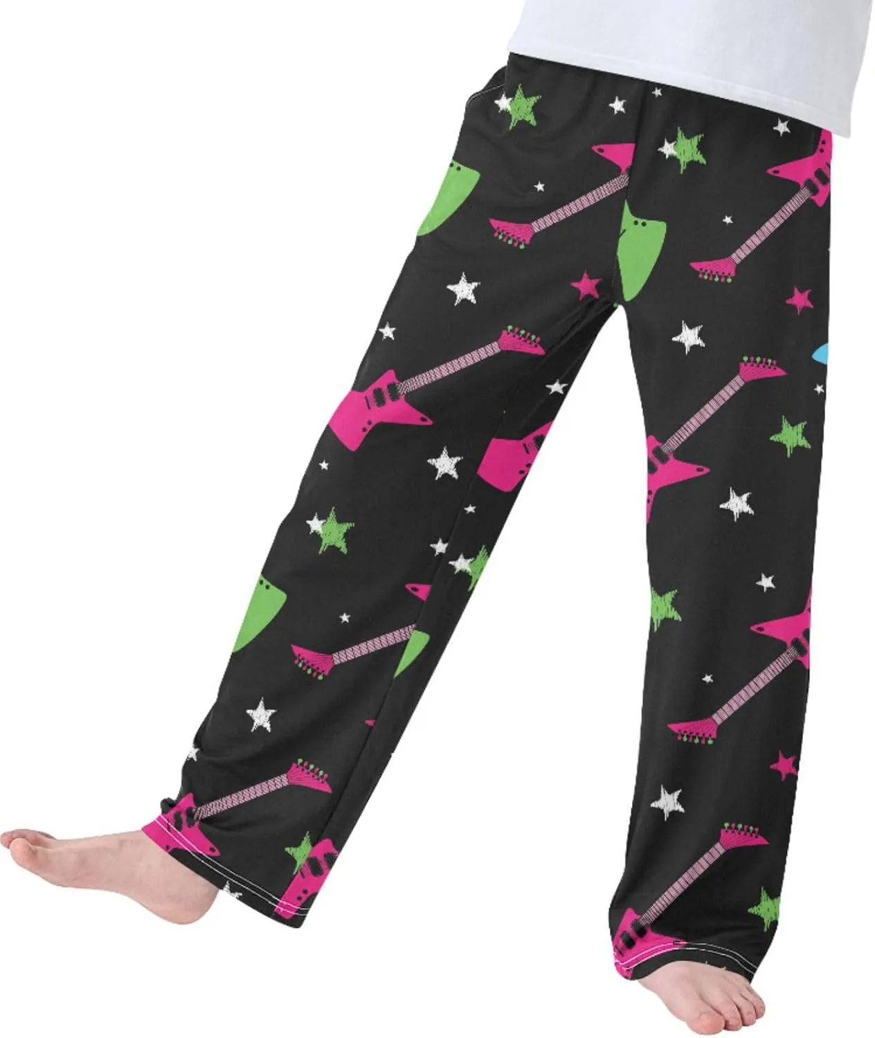 Pigsaly Boys Pajama Bottoms Boys' Pants Stars Neon Rock Guitars Long Bottoms Black Red Electric Guitars Jogger Pants S