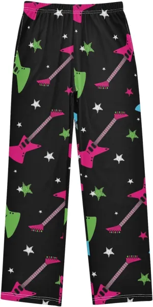 Pigsaly Boys Pajama Bottoms Boys' Pants Stars Neon Rock Guitars Long Bottoms Black Red Electric Guitars Jogger Pants S