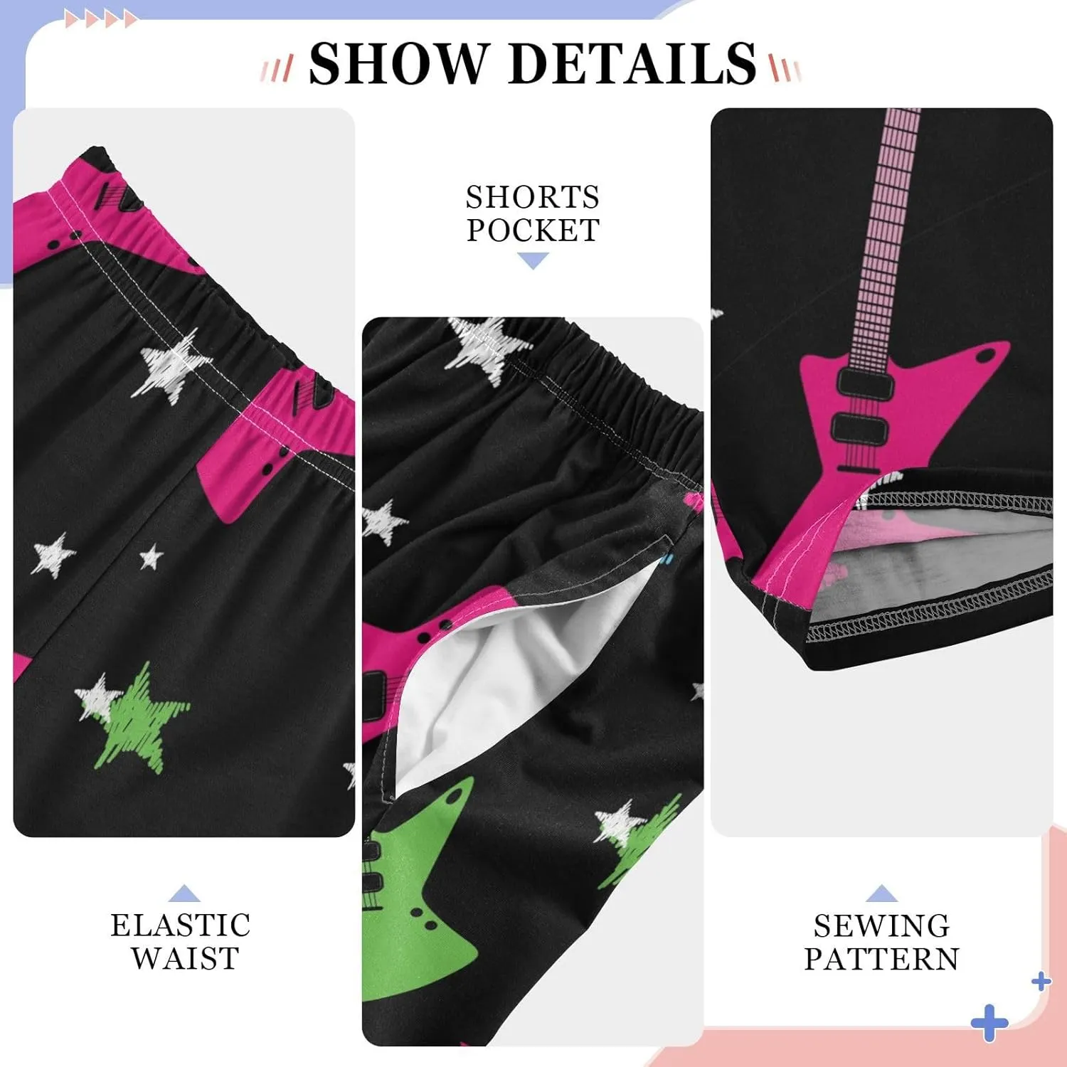 Pigsaly Boys Pajama Bottoms Boys' Pants Stars Neon Rock Guitars Long Bottoms Black Red Electric Guitars Jogger Pants S