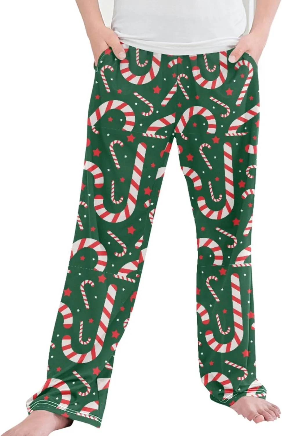 Pigsaly Boys' Pajama Bottoms Christmas Candy Cane Long Bottoms Red White Star Jogger Pants Elastic Waist Trousers Pockets S