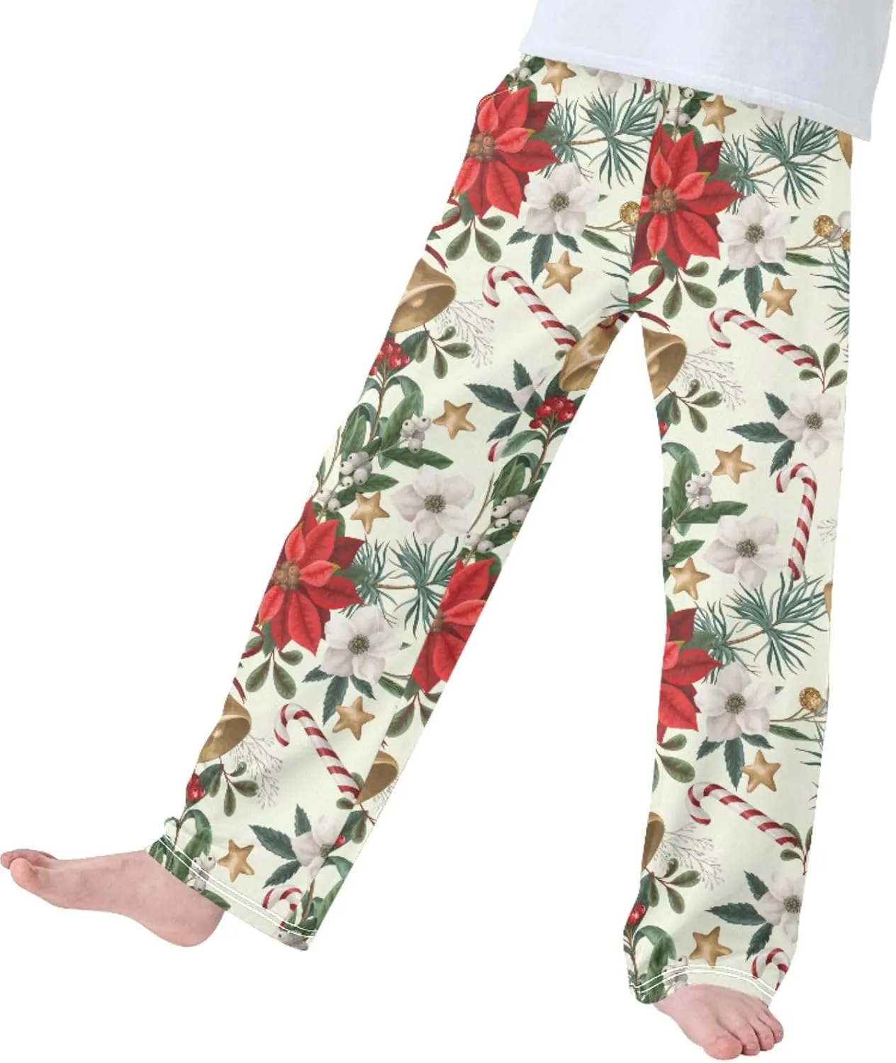 Pigsaly Boys' Pajama Bottoms Christmas Flowers Bells Poinsettia Long Bottoms Botanical Plants Star Jogger Pants S