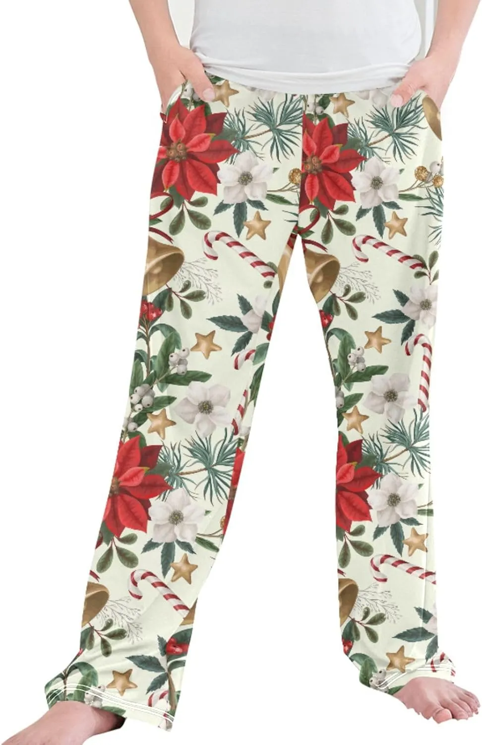 Pigsaly Boys' Pajama Bottoms Christmas Flowers Bells Poinsettia Long Bottoms Botanical Plants Star Jogger Pants S